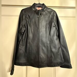 Black Leather Zip-Front Jacket with Stand Collar
